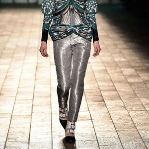 Mary Katrantzou A/W 18 High Rise Metallic Floral Grey Silver Silk Trouser Pants
